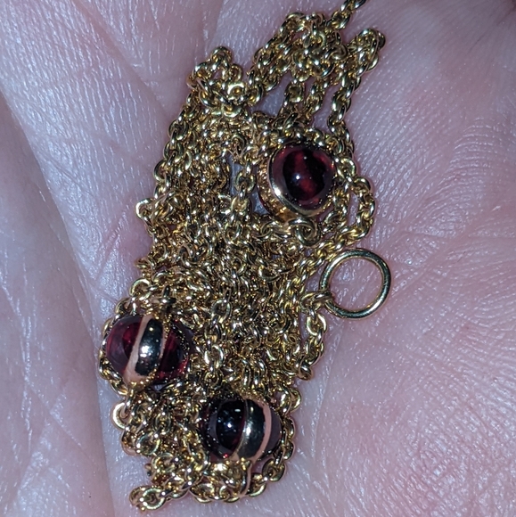 Sold❤️14k Yellow Gold Rhodolite Red Garnet Cabochon Gemstone Station Necklace - Picture 6 of 16